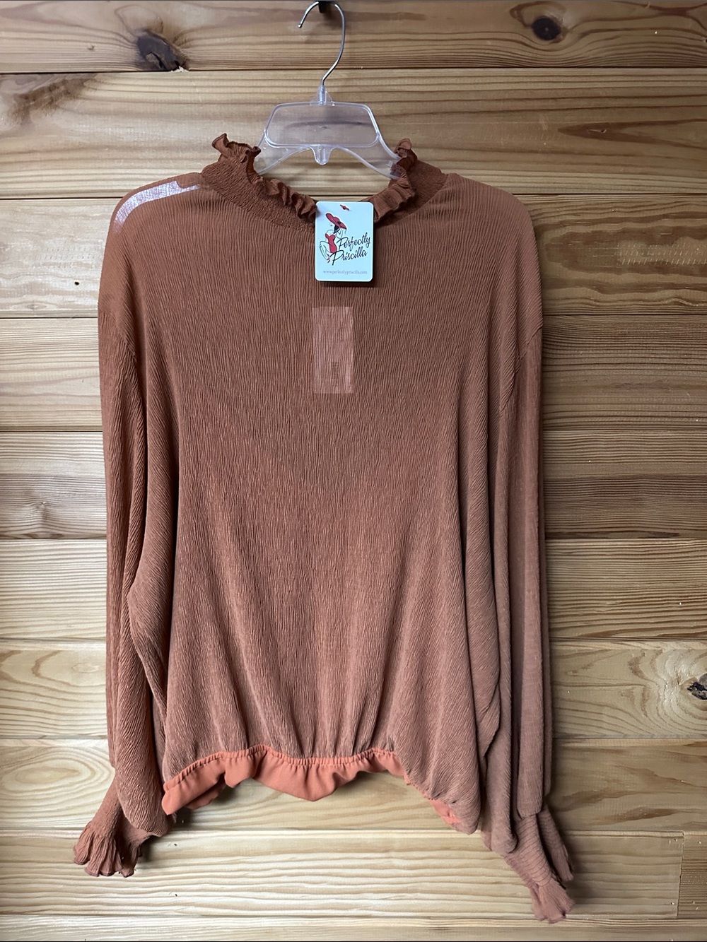 NWT Perfectly Priscilla Women's Rust Ruffle-Neck Long Sleeve Top Size 3X